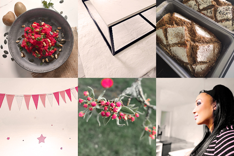 Collage mit Bildern von Dekoration, Brot, Tisch, Blüten, Püree